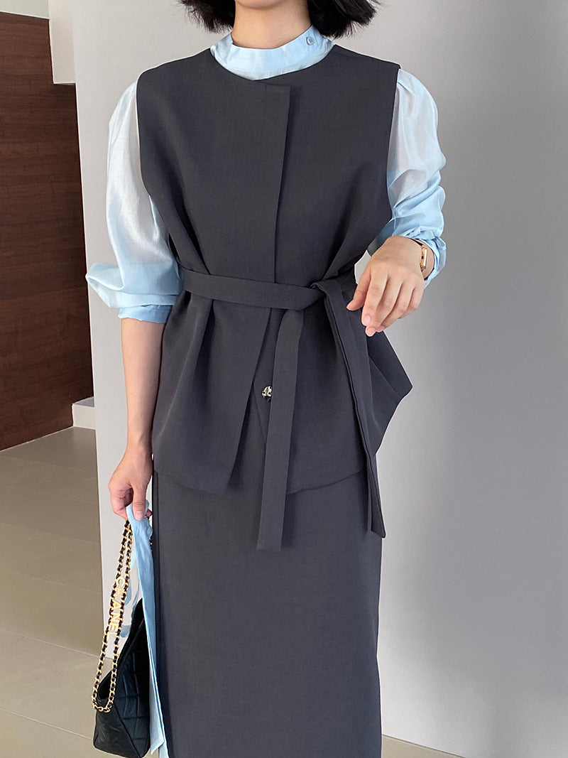 韓版高品質顯瘦西裝無袖馬甲+半身裙+配腰帶-三件式套裝