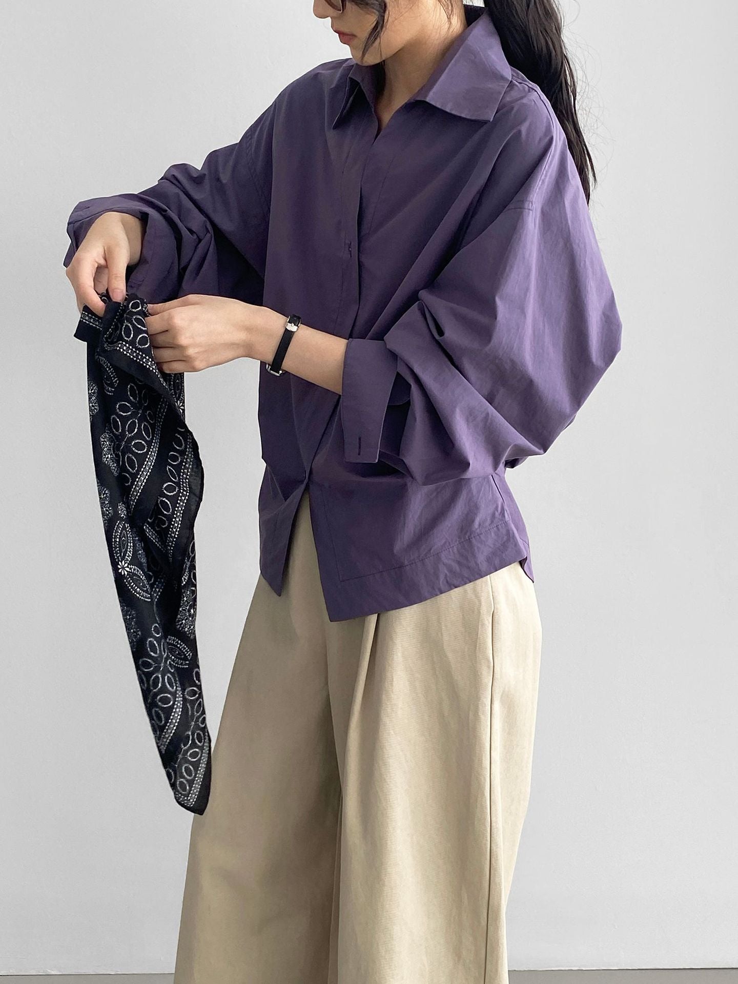 韓系通勤氣質顯瘦抽褶收腰襯衫+含披肩-3色