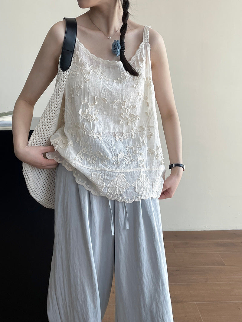 甜妹重工刺繡蕾絲緹花吊帶背心上衣-2色