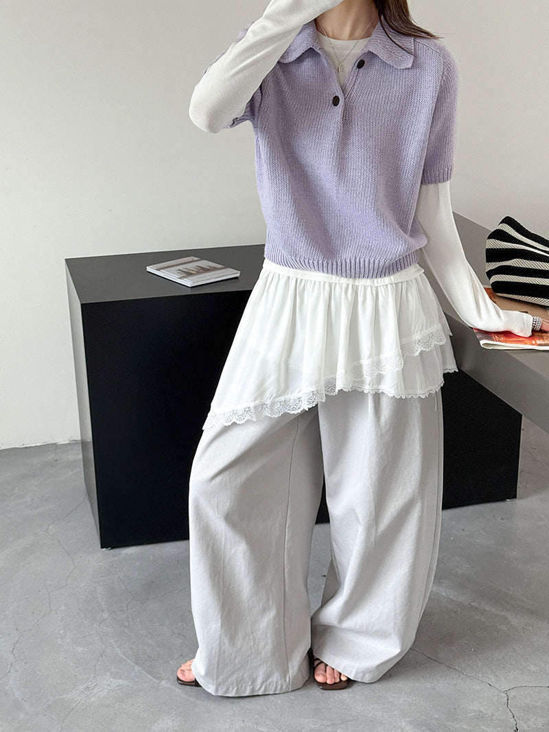 韓系氣質疊穿簡約Polo領針織顯瘦短袖毛衣-3色