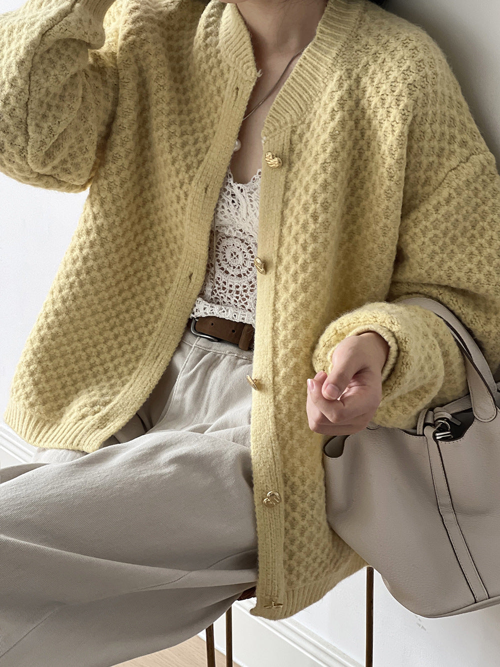 菠蘿紋愛心慵懶扣軟糯針織開衫-3色