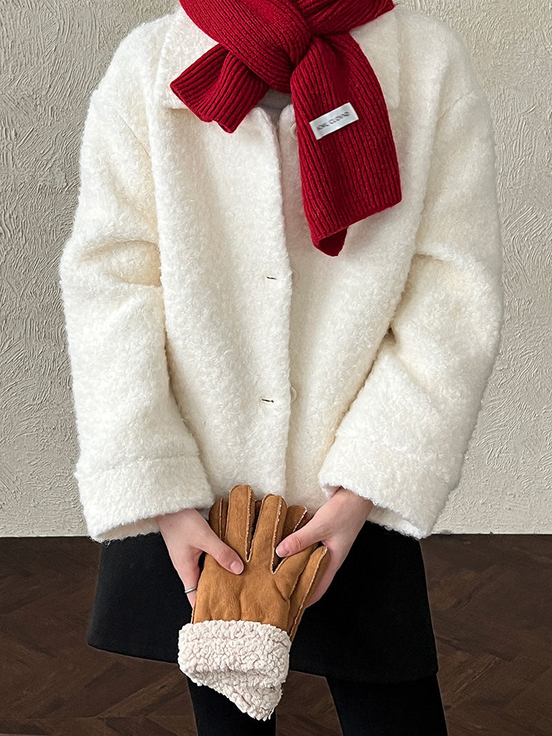 韓版單排扣短款羊羔毛翻領外套-2色