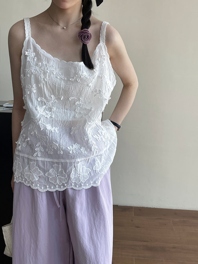 甜妹重工刺繡蕾絲緹花吊帶背心上衣-2色