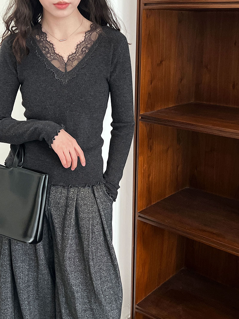 法式修身氣質蕾絲V領顯瘦內搭針織上衣-3色