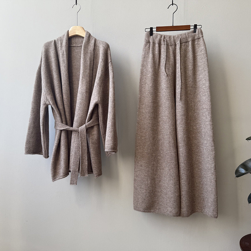 (48H出貨)高級慵懶風繫帶針織開衫+高腰闊腿褲-兩件式套裝-3色