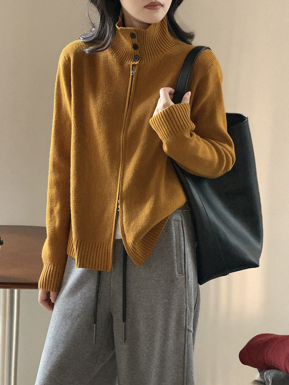 高領雙拉鍊坑條加厚寬鬆針織開衫-7色