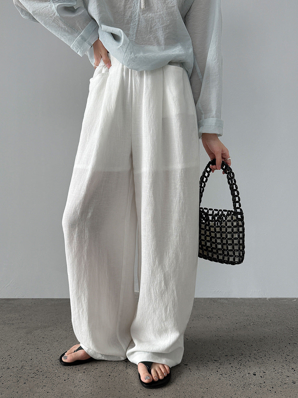 韓系亞麻垂墜感鬆緊腰闊腿褲-3色