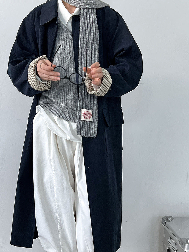 日系巴恩風拼接格紋翻領中長款風衣外套-3色