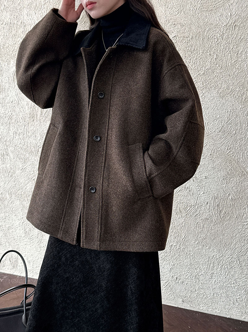 復古質感氣質羊毛撞色毛呢大衣外套-2色