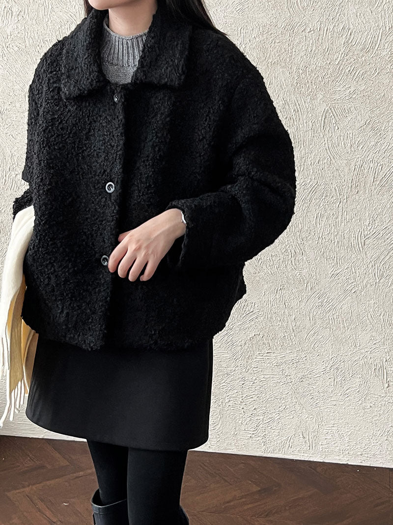 韓版單排扣短款羊羔毛翻領外套-2色