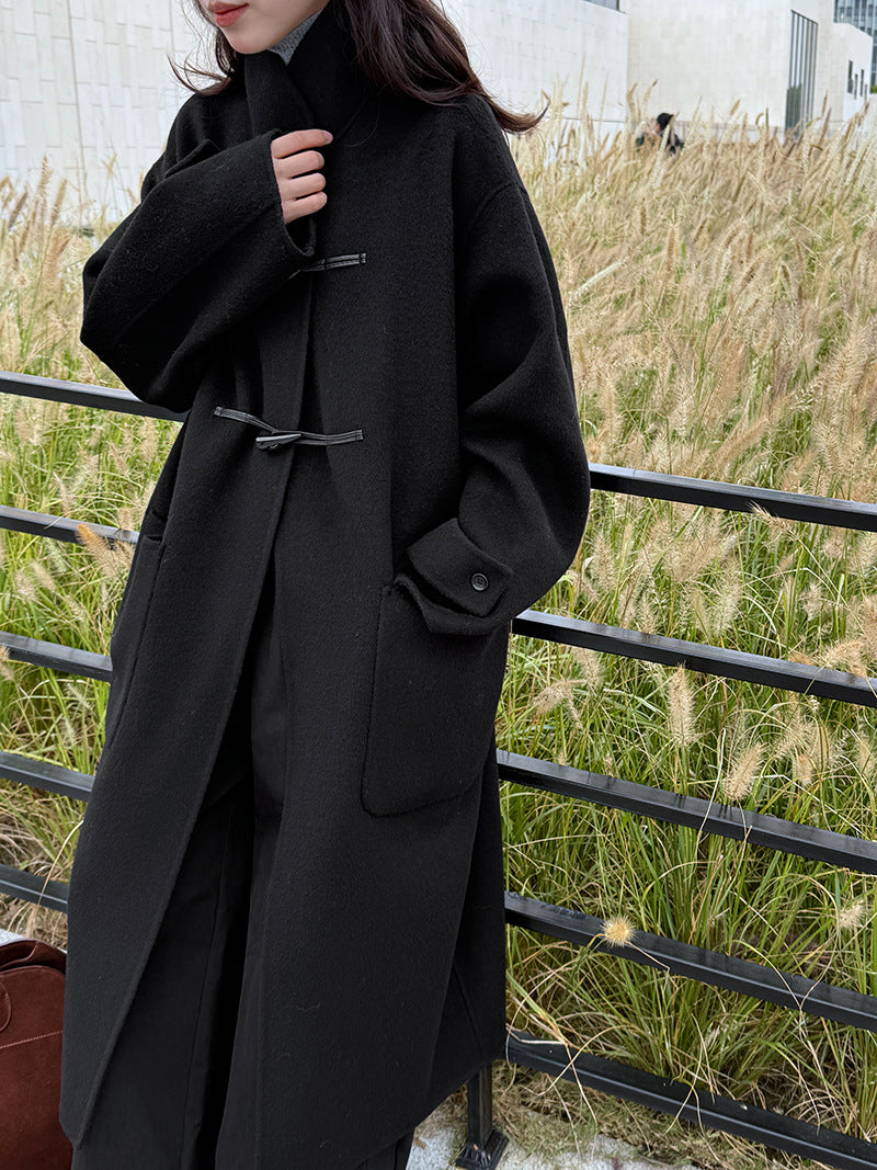 復古立領牛角扣羊毛雙面毛呢大衣外套