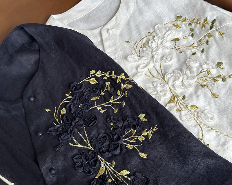韓系刺繡新中式亞麻無袖馬甲-2色