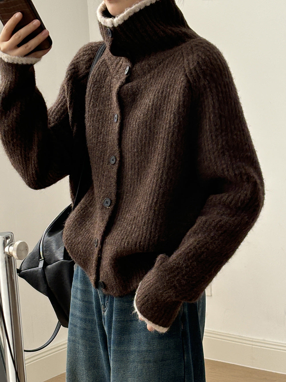 (48H出貨)韓系慵懶撞色翻領單排扣毛衣開衫外套-4色