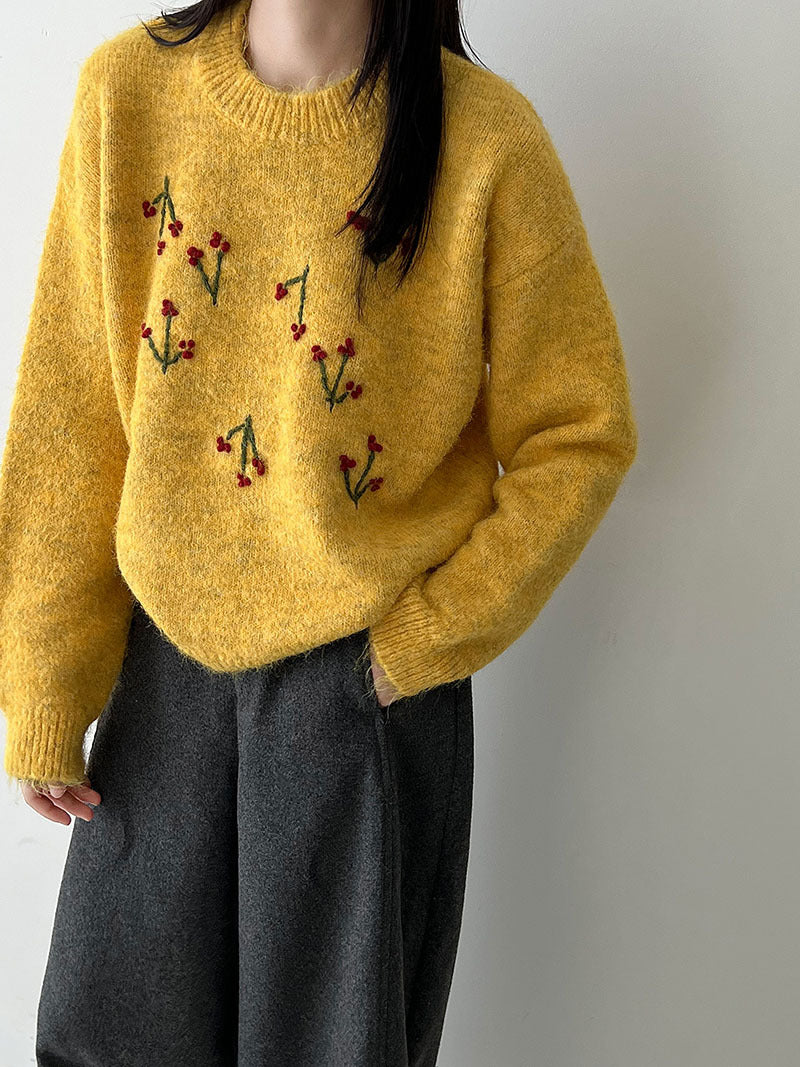 韓系溫柔氛圍感刺繡寬鬆針織上衣-3色