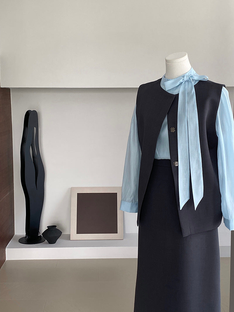 韓版高品質顯瘦西裝無袖馬甲+半身裙+配腰帶-三件式套裝