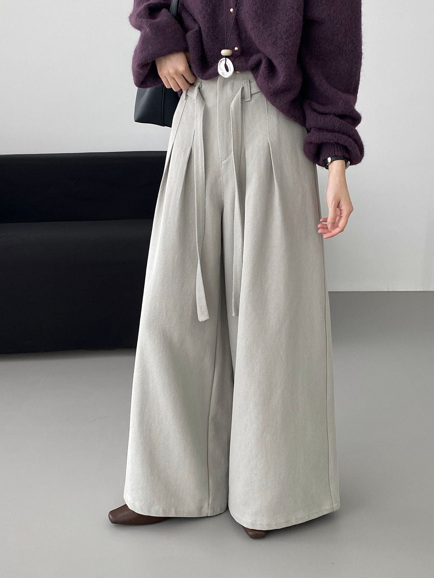 韓系簡約天絲棉繫帶闊腿褲-2色