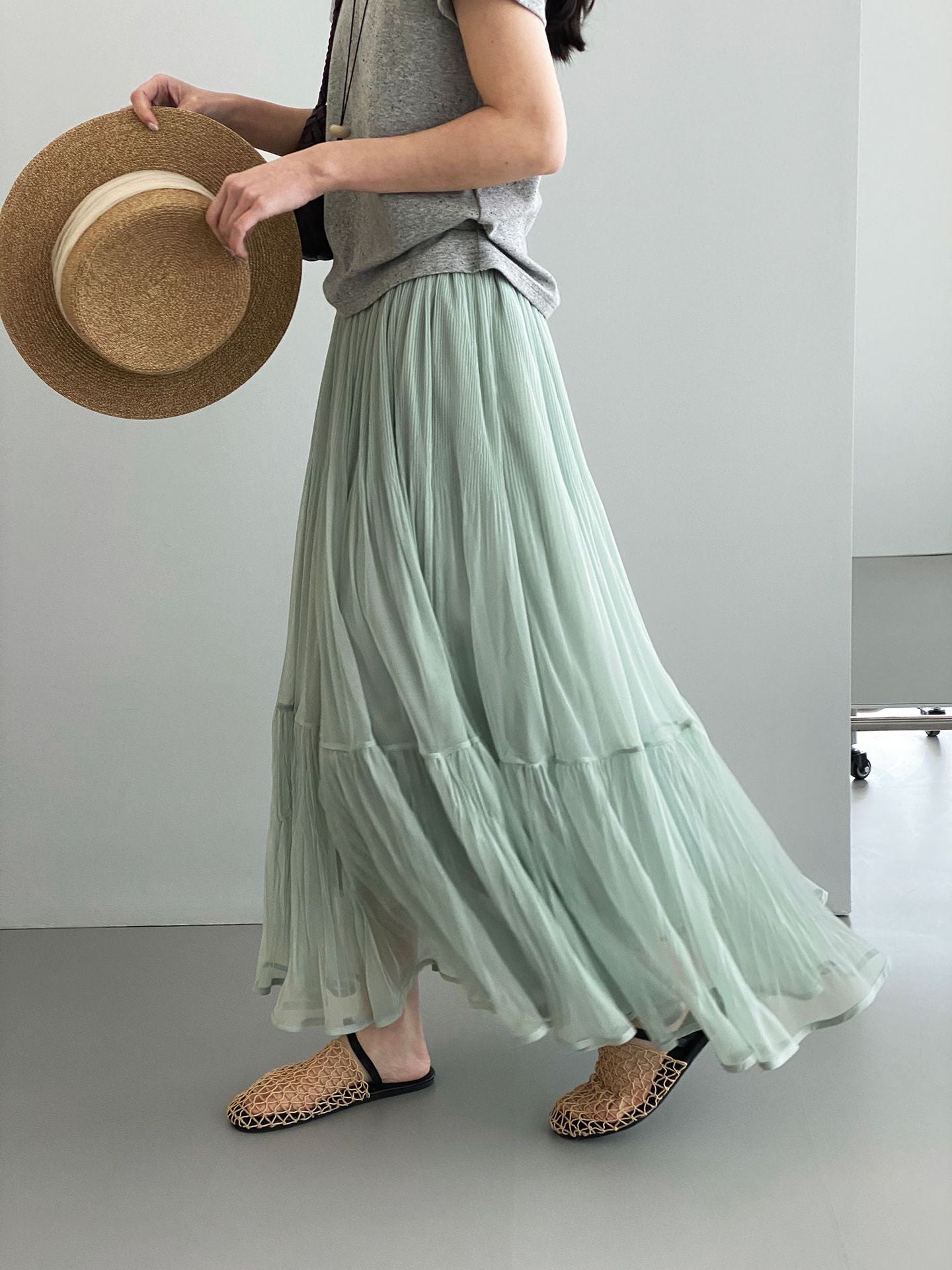 韓系溫柔飄逸網紗拼接百搭浪漫半身裙-3色