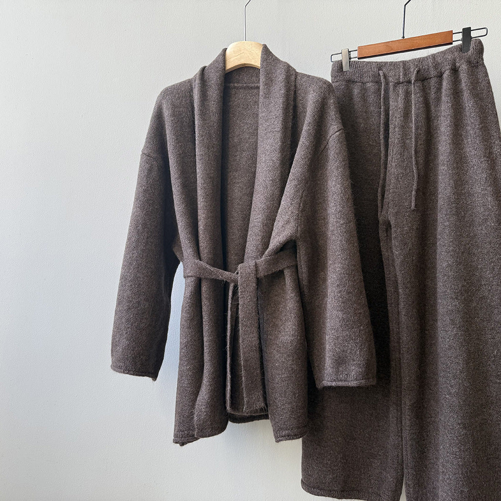 (48H出貨)高級慵懶風繫帶針織開衫+高腰闊腿褲-兩件式套裝-3色