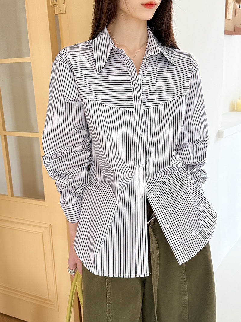 韓版百搭通勤氣質條紋疊穿長袖襯衫-2色