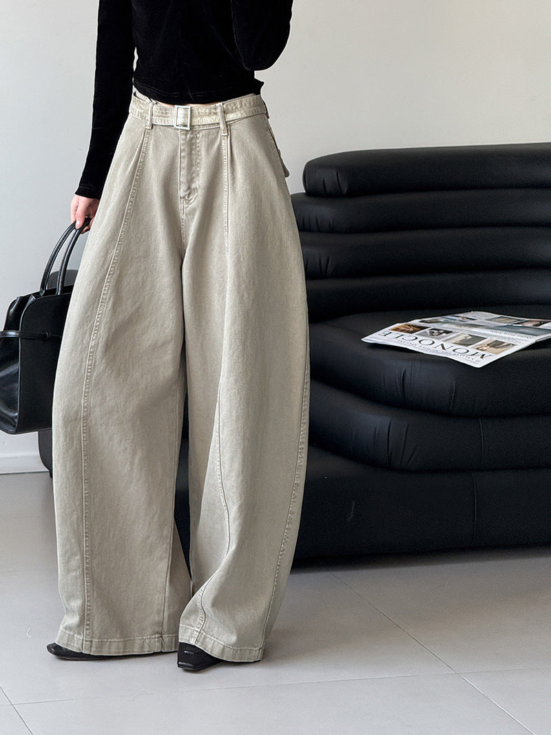 韓系復古高腰寬鬆顯瘦闊腿牛仔褲+腰帶-3色
