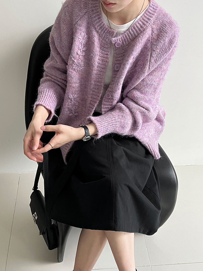 韓系立體手工花朵刺繡針織開衫外套-3色
