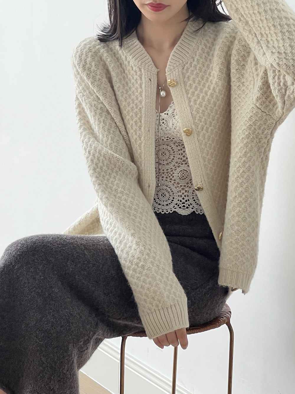 菠蘿紋愛心慵懶扣軟糯針織開衫-3色