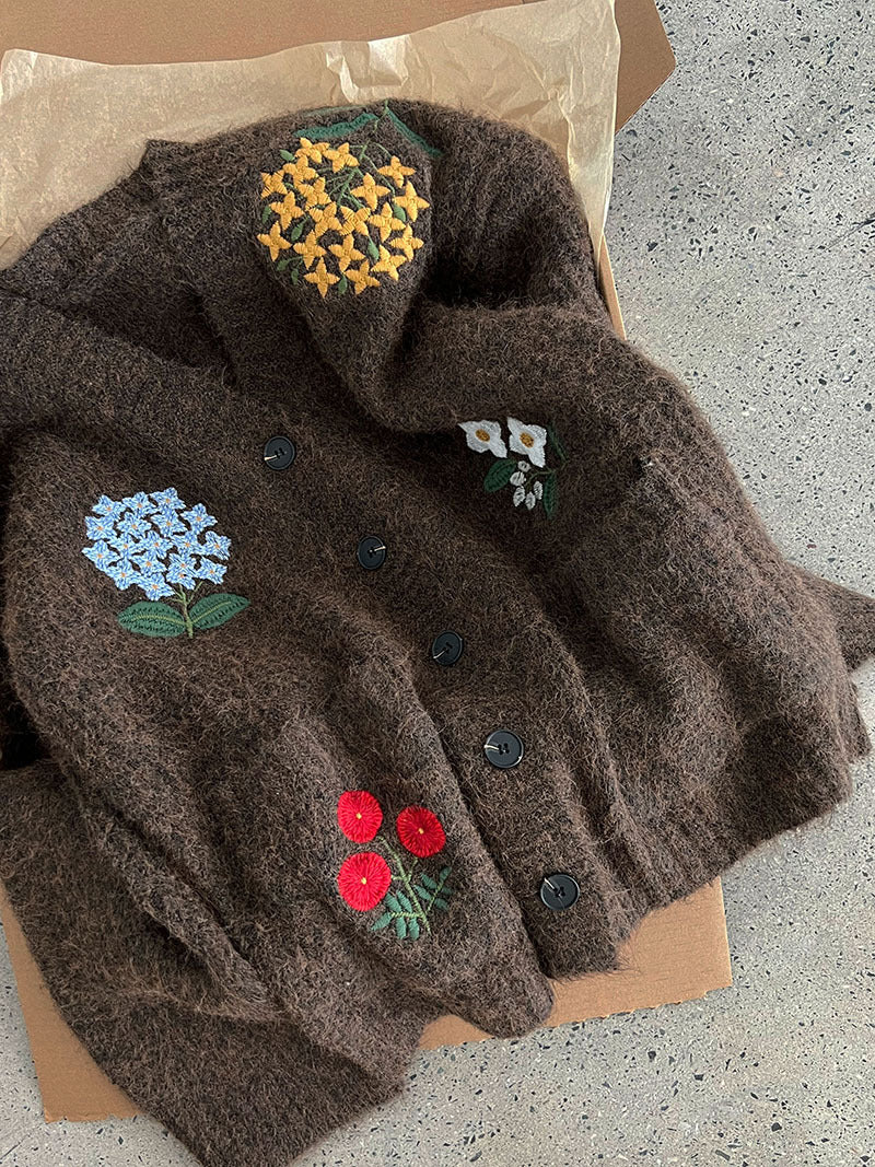 韓系復古軟糯花卉刺繡針織開衫外套-4色