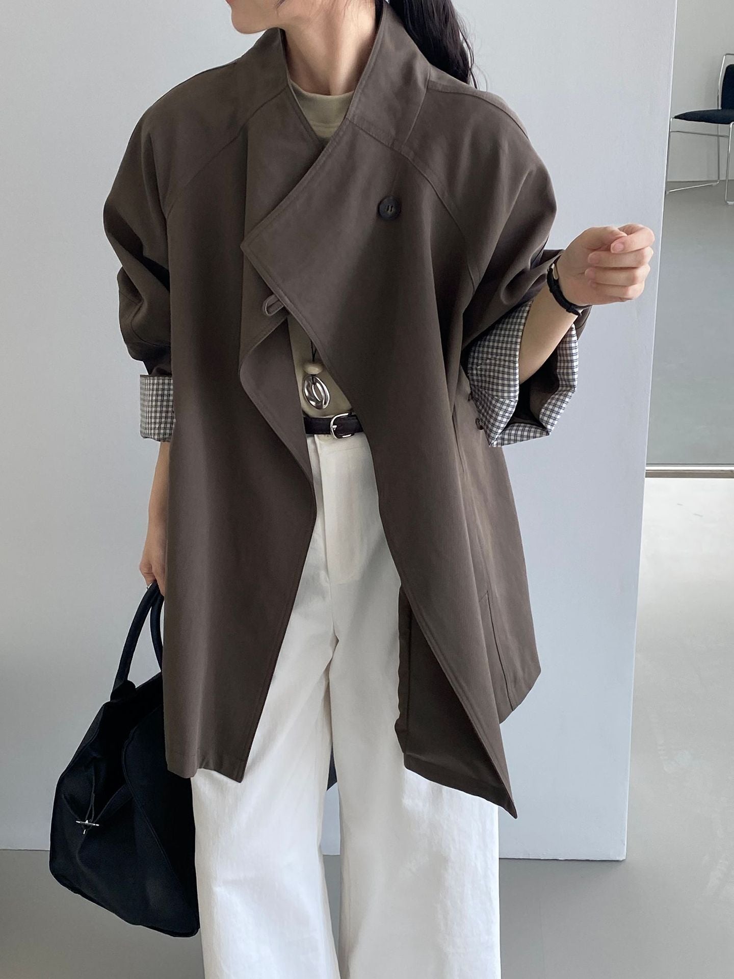 韓系復古英倫風立領寬鬆顯瘦收腰風衣外套-3色