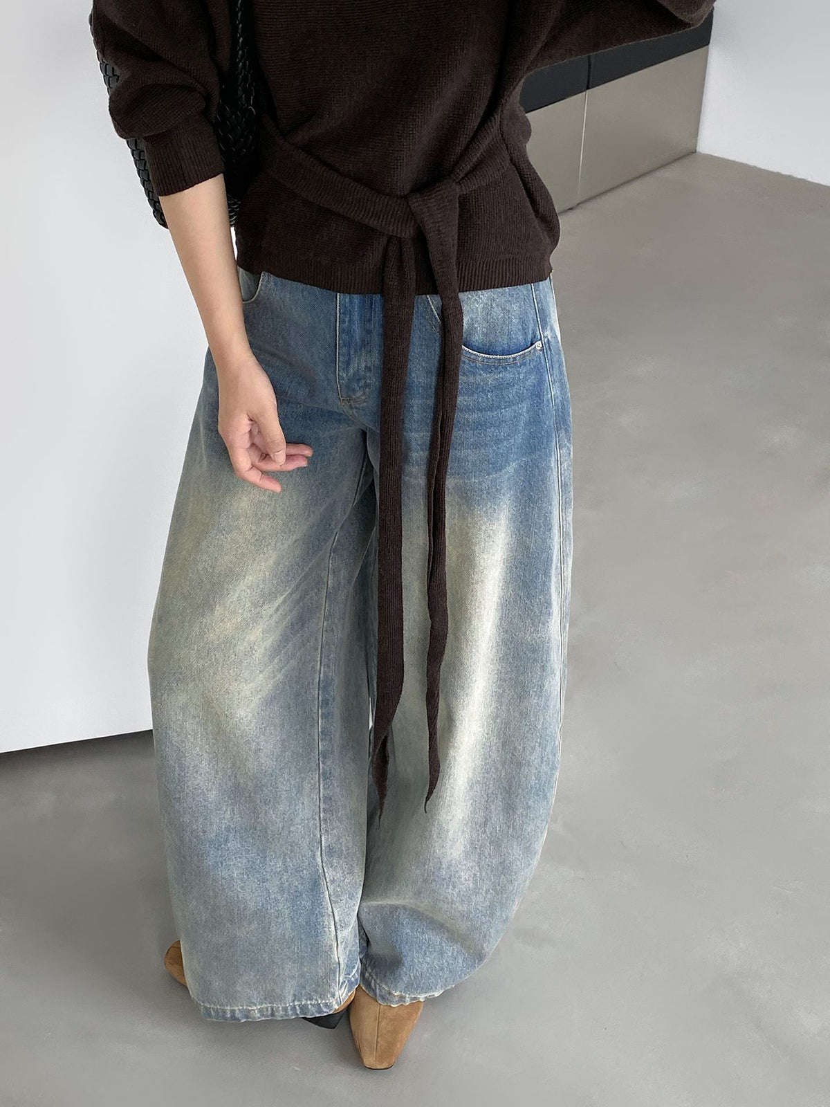 美式復古淺藍彎刀版遮肉闊腿牛仔長褲