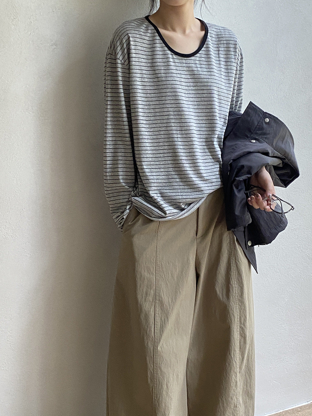 韓系撞色圓領條紋寬鬆長袖T恤-2色
