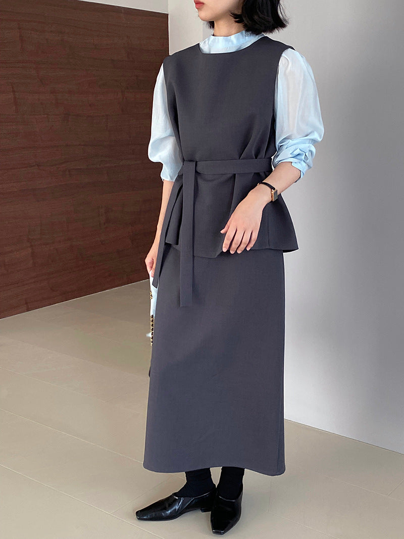 韓版高品質顯瘦西裝無袖馬甲+半身裙+配腰帶-三件式套裝