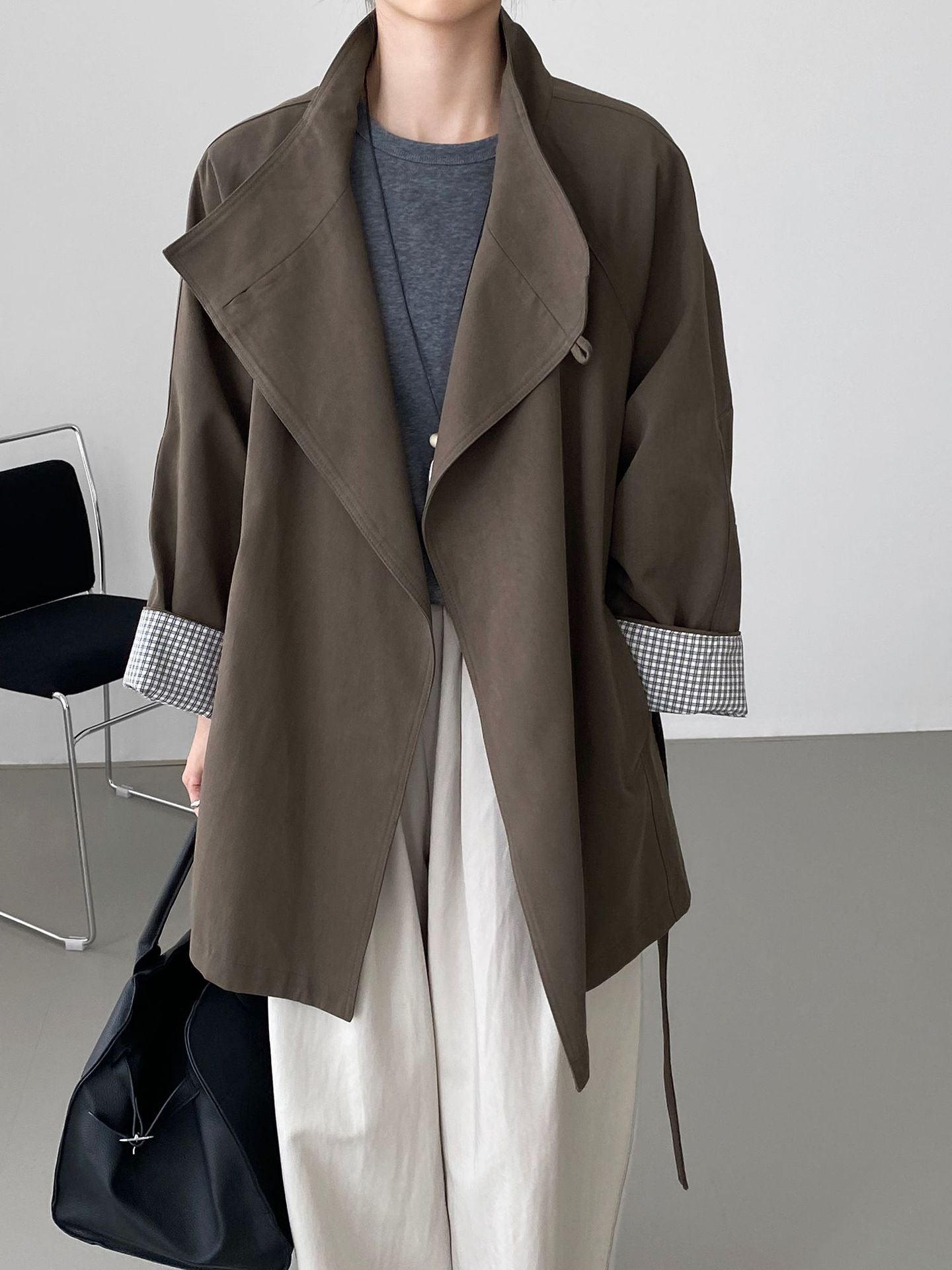 韓系復古英倫風立領寬鬆顯瘦收腰風衣外套-3色