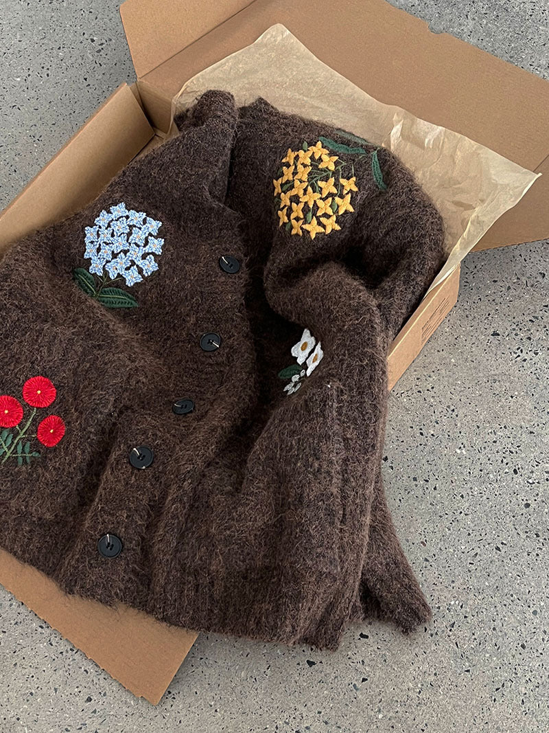 韓系復古軟糯花卉刺繡針織開衫外套-4色