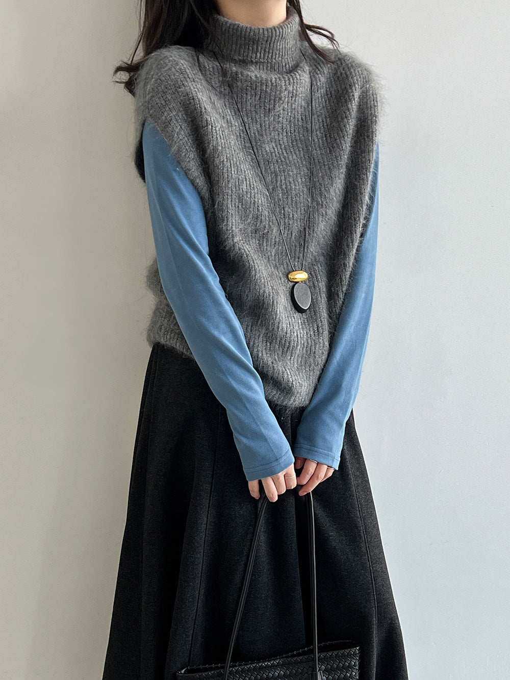 高翻領綿羊毛針織馬甲-4色