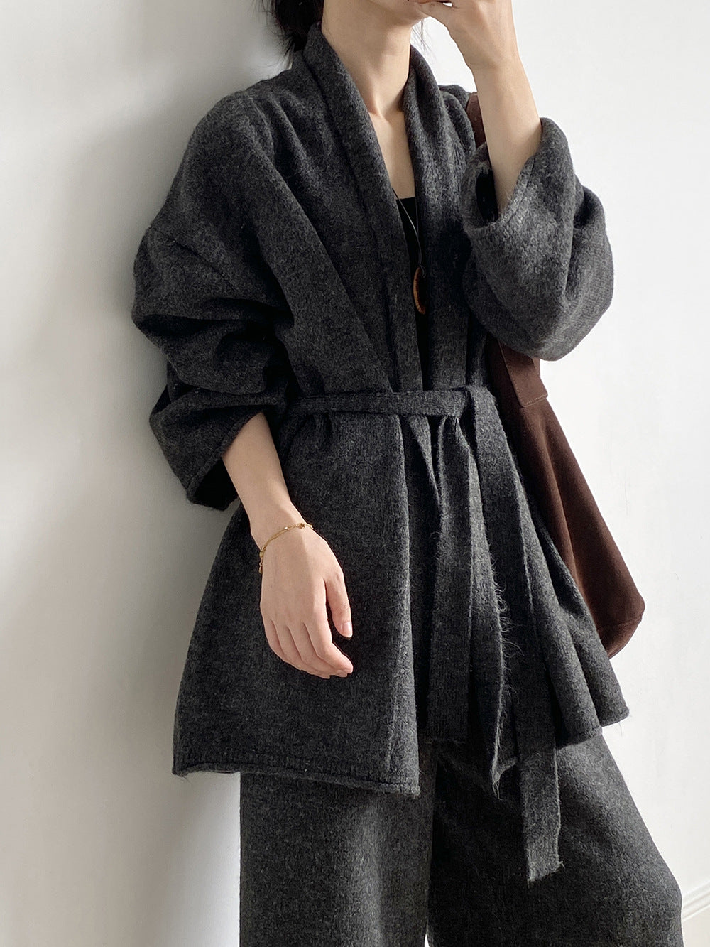 (48H出貨)高級慵懶風繫帶針織開衫+高腰闊腿褲-兩件式套裝-3色