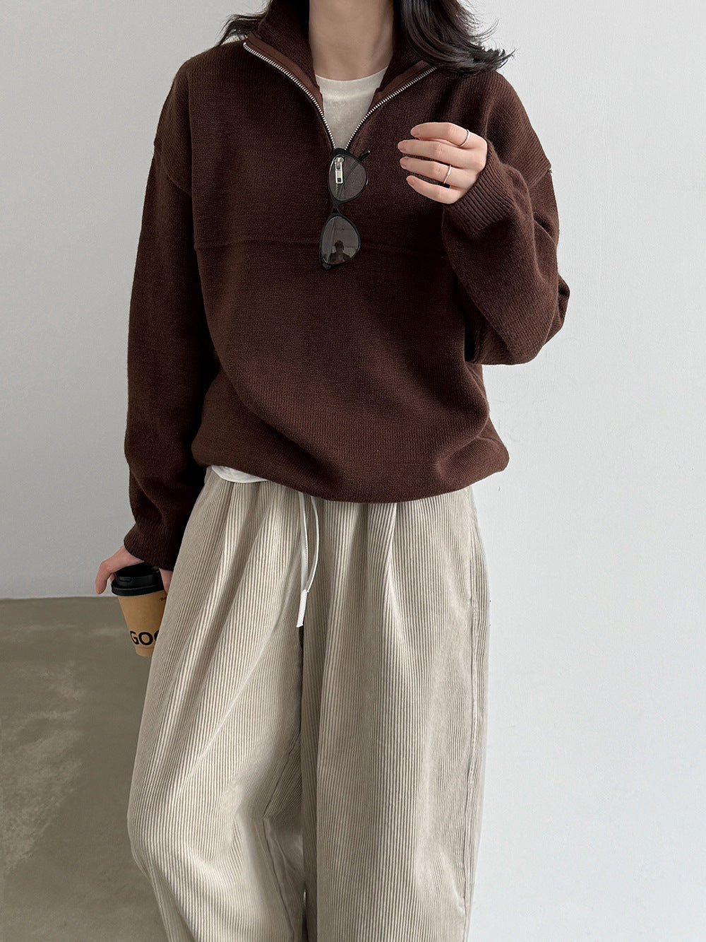 半高領加厚拉鍊休閒保暖針織毛衣-3色