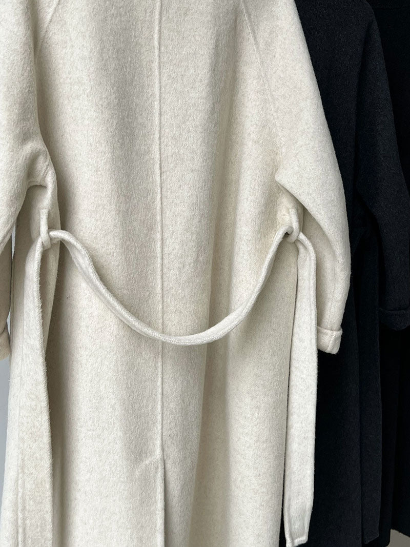 韓版慵懶斜扣領長款雙面呢羊毛大衣外套-3色