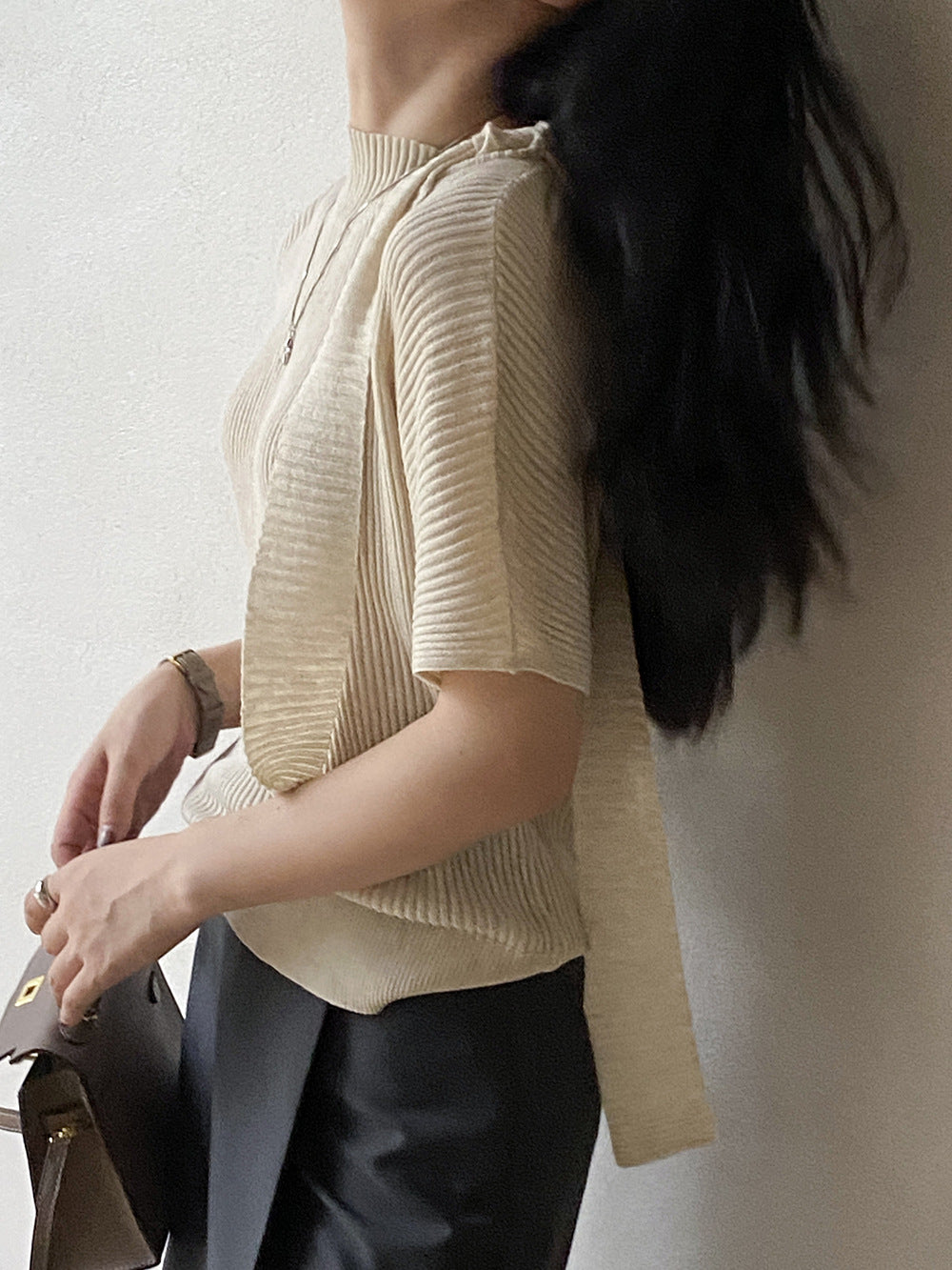 前後兩穿披肩針織T恤女 秋季小衆短袖簡約打底上衣-4色