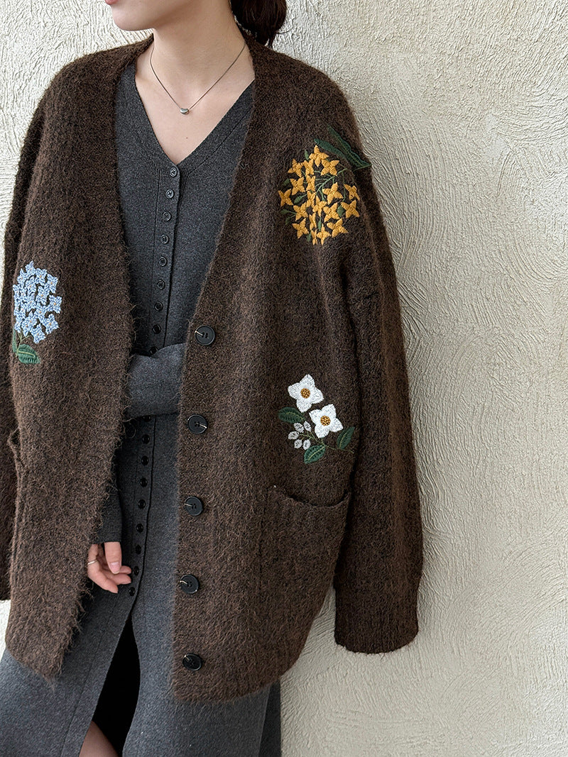 韓系復古軟糯花卉刺繡針織開衫外套-4色