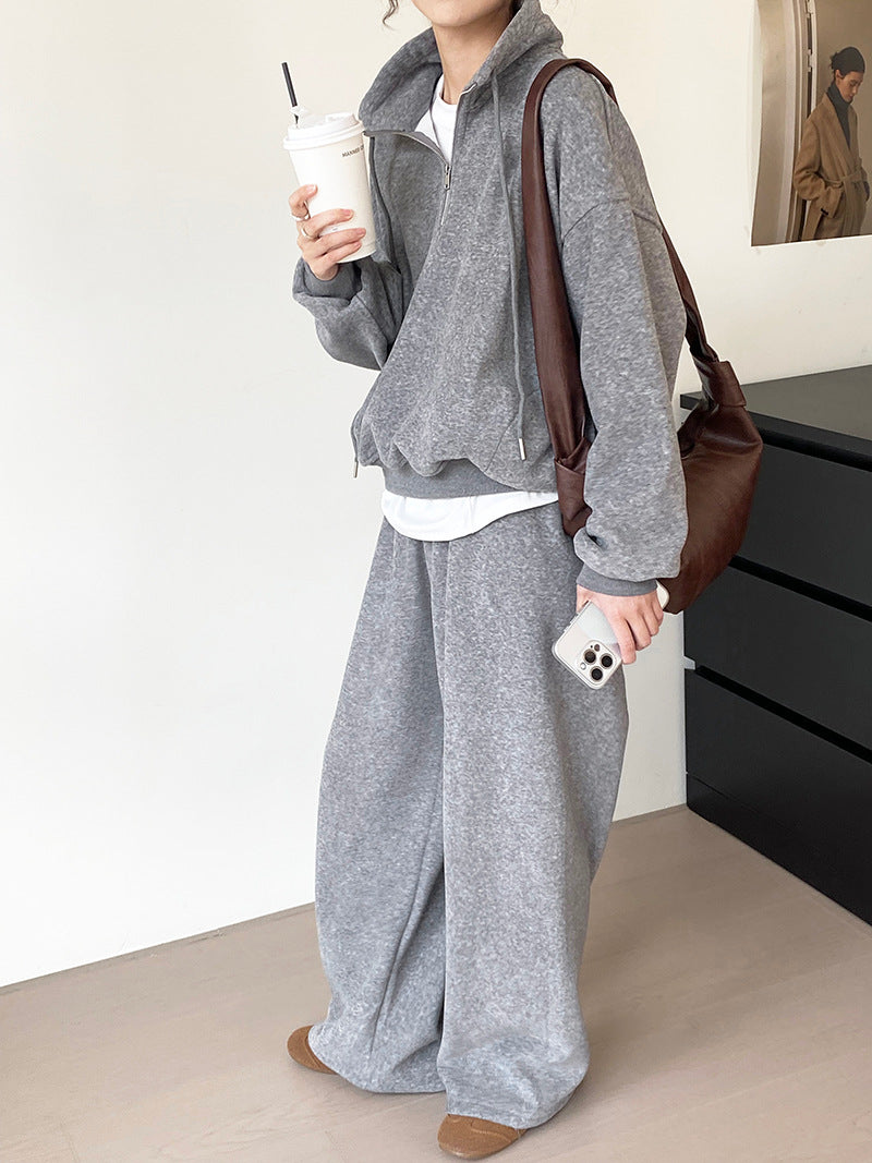 鬆弛感立領薄絨上衣+鬆緊腰闊腿褲-兩件式套裝-2色
