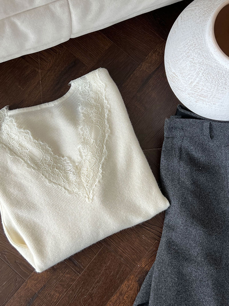 法式修身氣質蕾絲V領顯瘦內搭針織上衣-3色