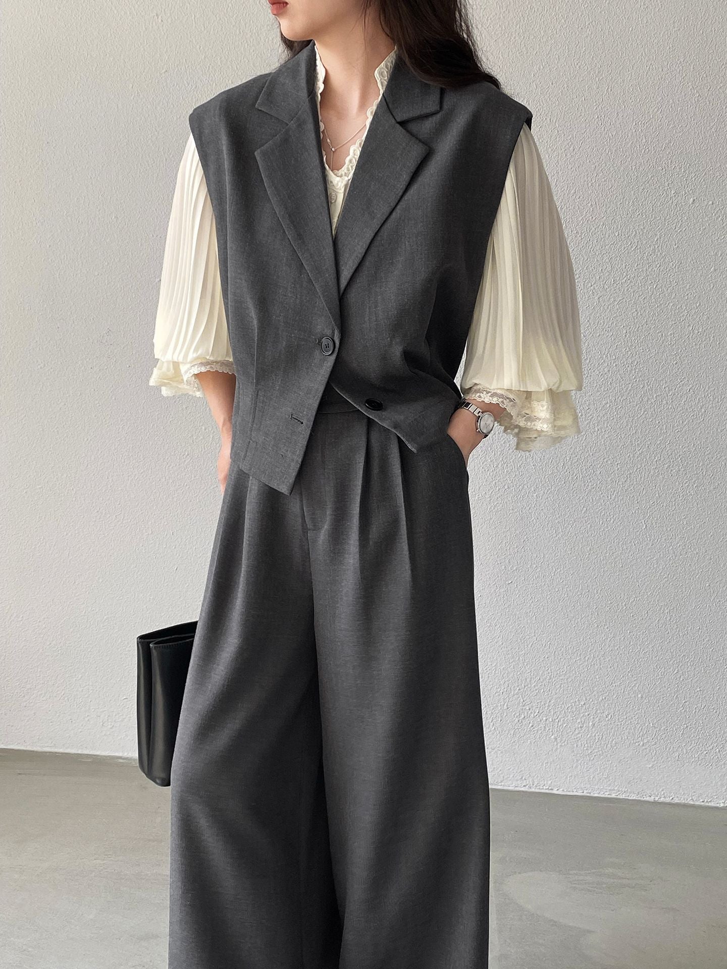 老錢風鬆弛感西裝馬甲+高級感闊腿西裝褲-兩件式套裝-3色