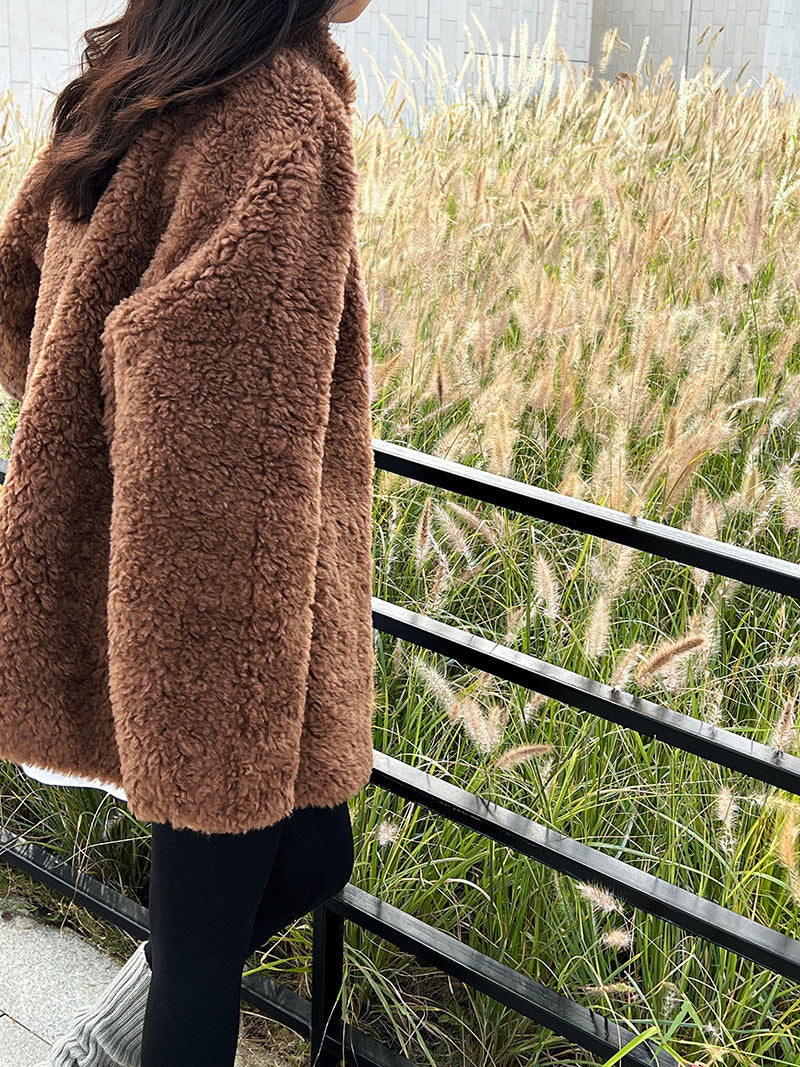 美拉德立領羊羔毛皮毛一體外套大衣-2色