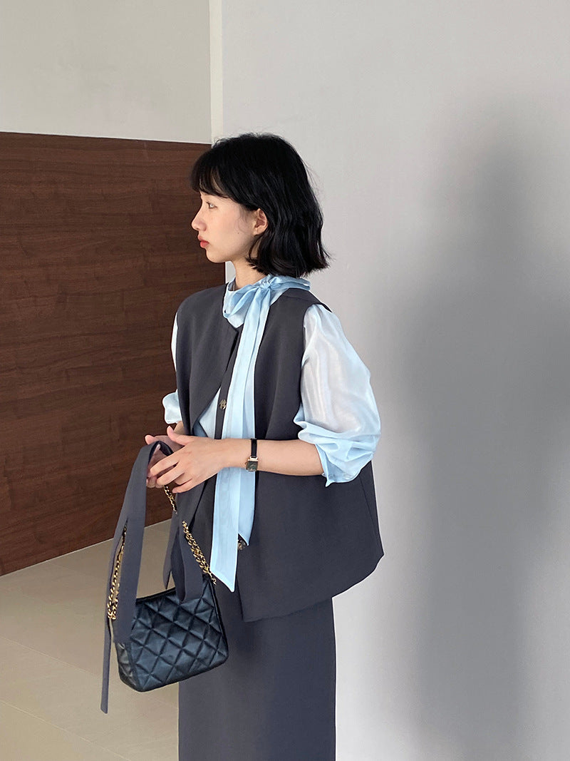 韓版高品質顯瘦西裝無袖馬甲+半身裙+配腰帶-三件式套裝