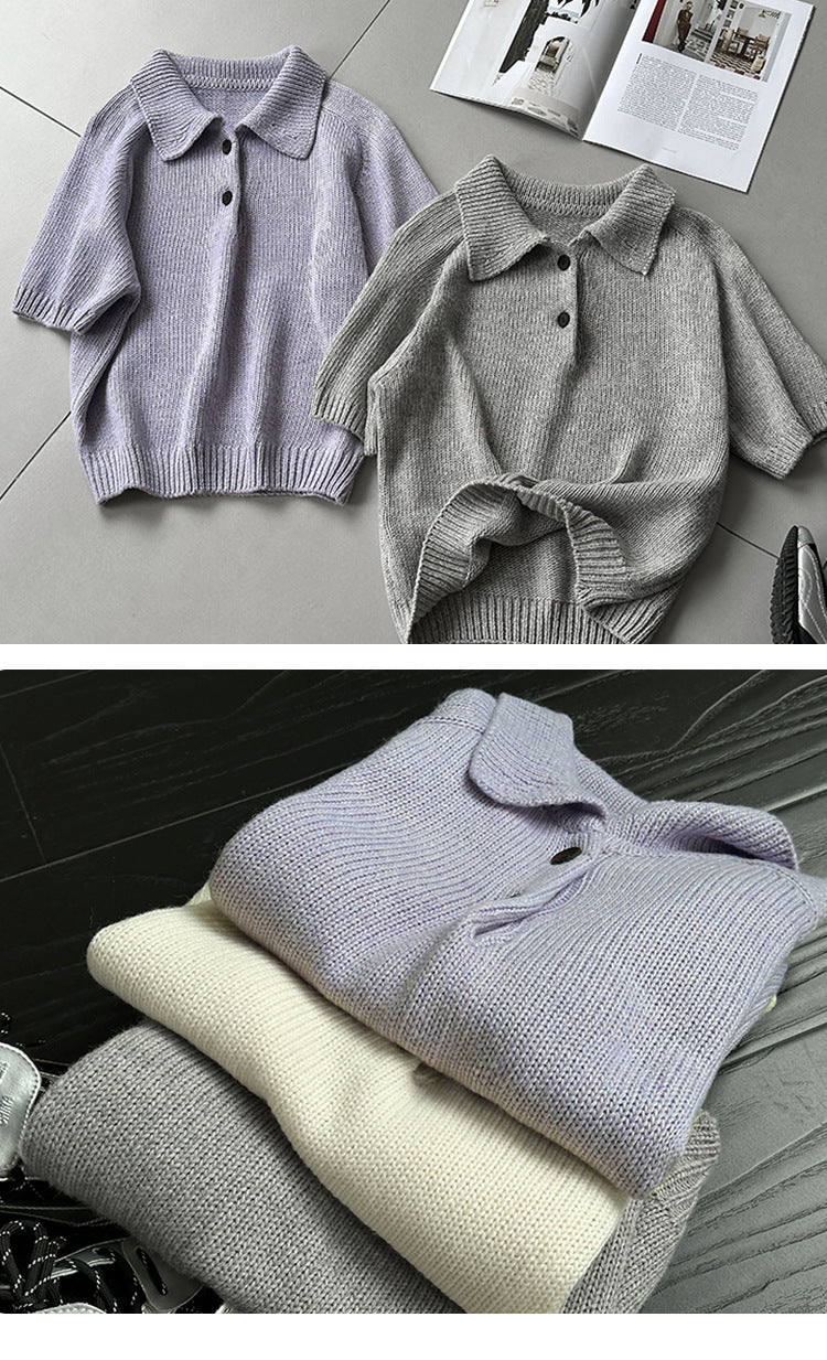 韓系氣質疊穿簡約Polo領針織顯瘦短袖毛衣-3色