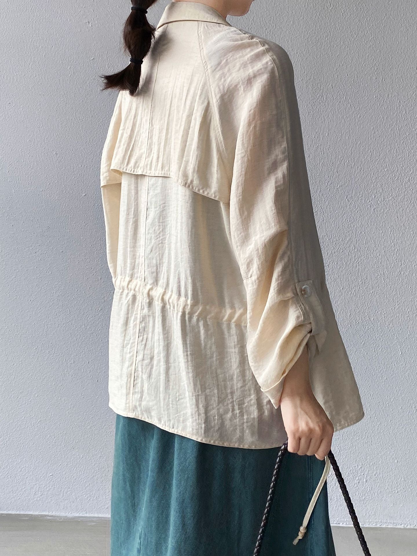 法式杏色亞麻收腰防曬襯衫