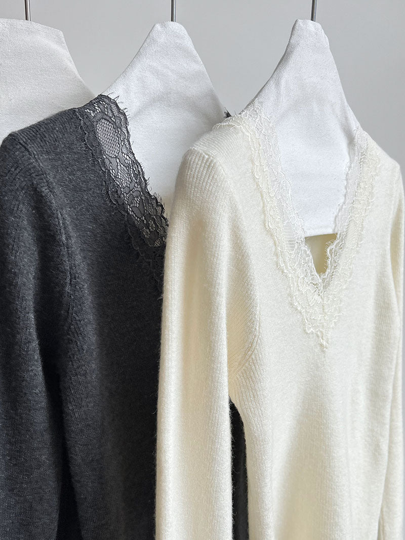 法式修身氣質蕾絲V領顯瘦內搭針織上衣-3色