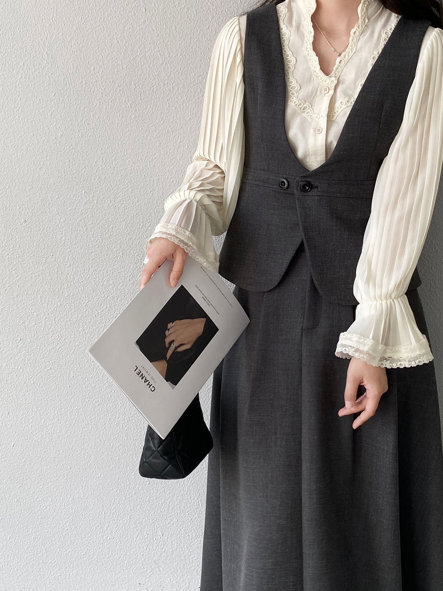 韓系通勤西裝氣質兩穿顯瘦馬甲+休閒半身裙-兩件式套裝