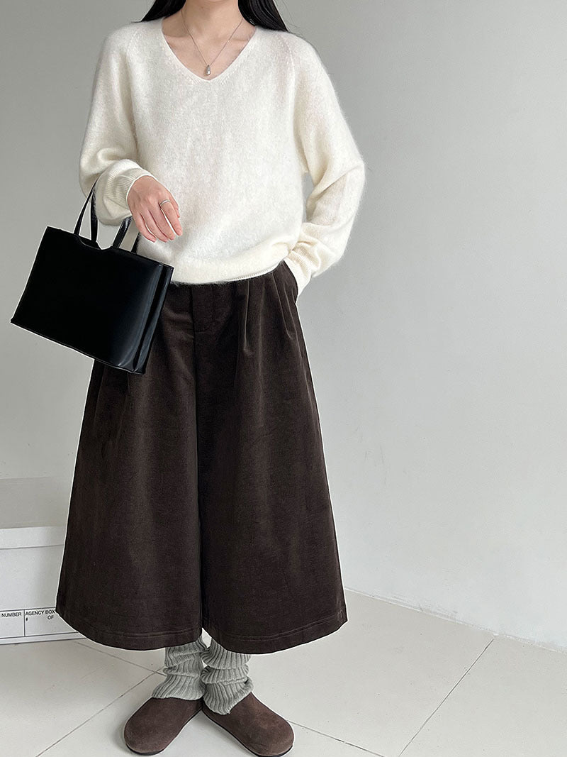 簡約慵懶燈芯絨高腰復古闊腿褲-2色