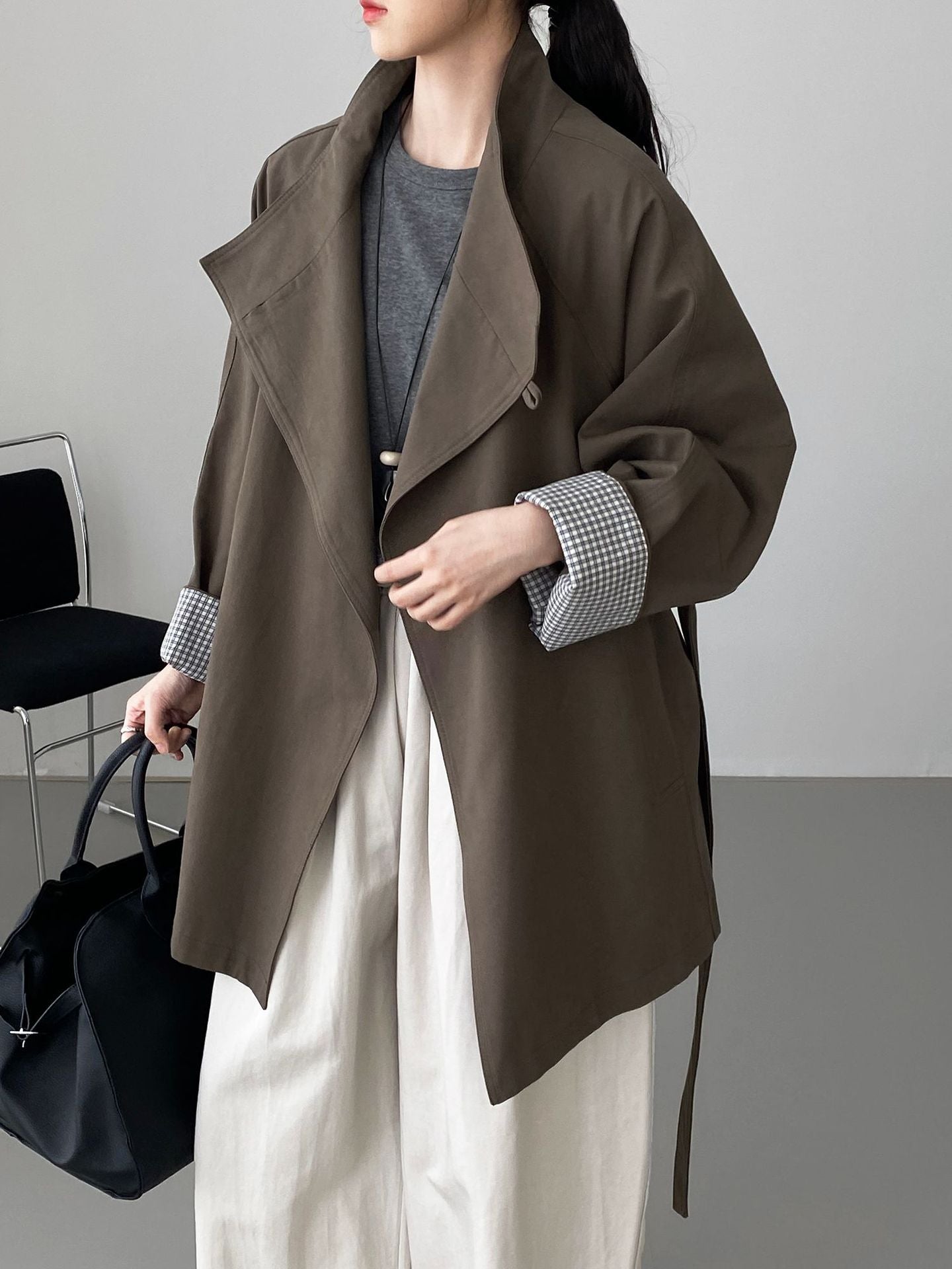 韓系復古英倫風立領寬鬆顯瘦收腰風衣外套-3色